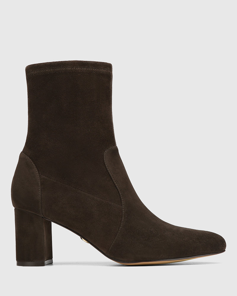 Kaci Ash Chocolate Stretch Suede Leather Ankle Boot
