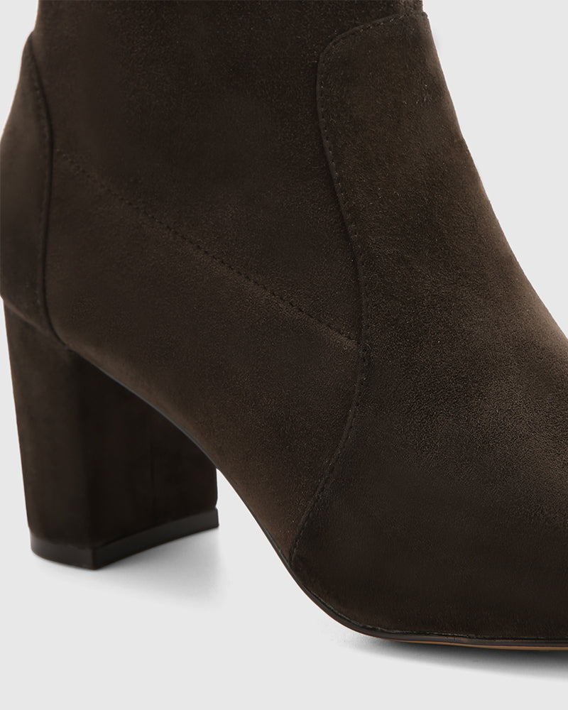 Kaci Ash Chocolate Stretch Suede Leather Ankle Boot