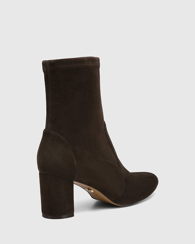 Kaci Ash Chocolate Stretch Suede Leather Ankle Boot