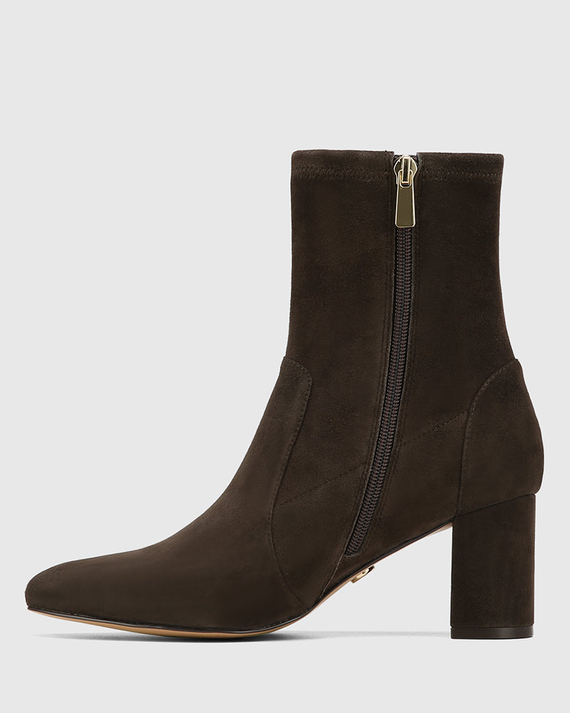 Kaci Ash Chocolate Stretch Suede Leather Ankle Boot