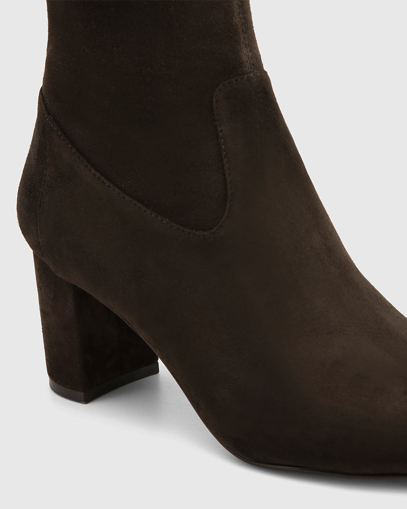 Karlea Ash Chocolate Stretch Suede Leather Knee High Boot