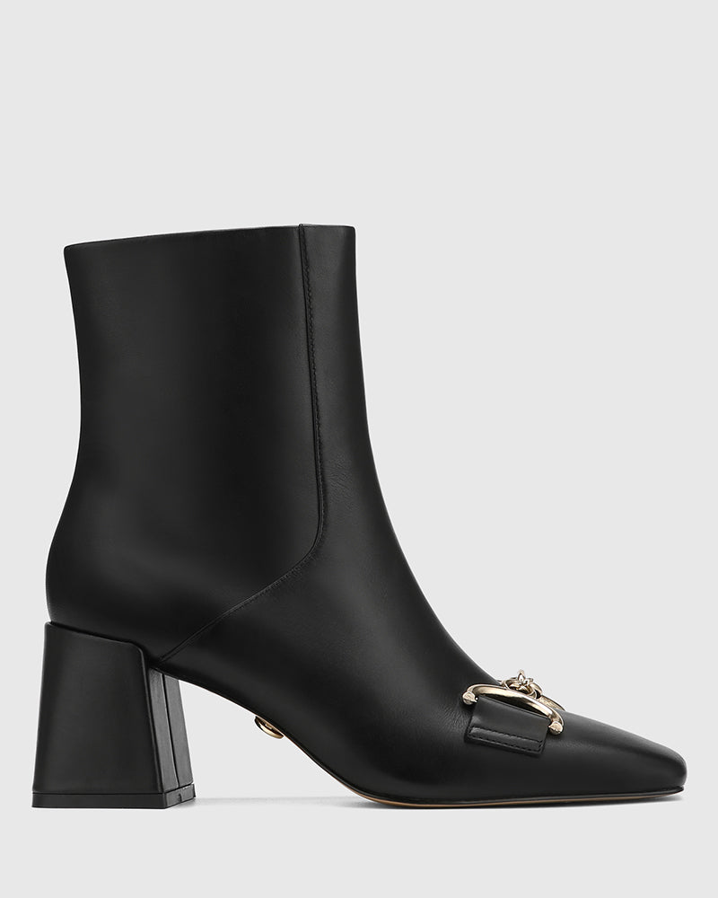 Naomi Black Leather Block Heel Ankle Boot