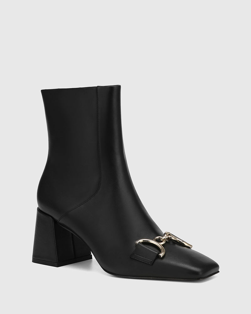 Naomi Black Leather Block Heel Ankle Boot