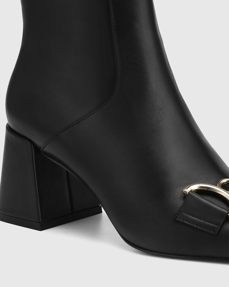 Naomi Black Leather Block Heel Ankle Boot