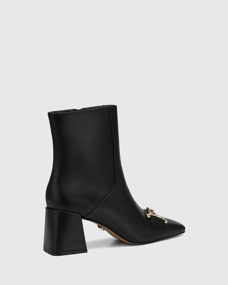 Naomi Black Leather Block Heel Ankle Boot