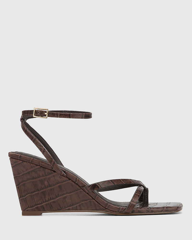 Nyla Espresso Croc Embossed Leather Wedge