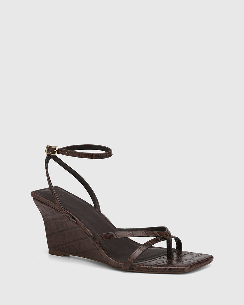 Nyla Espresso Croc Embossed Leather Wedge