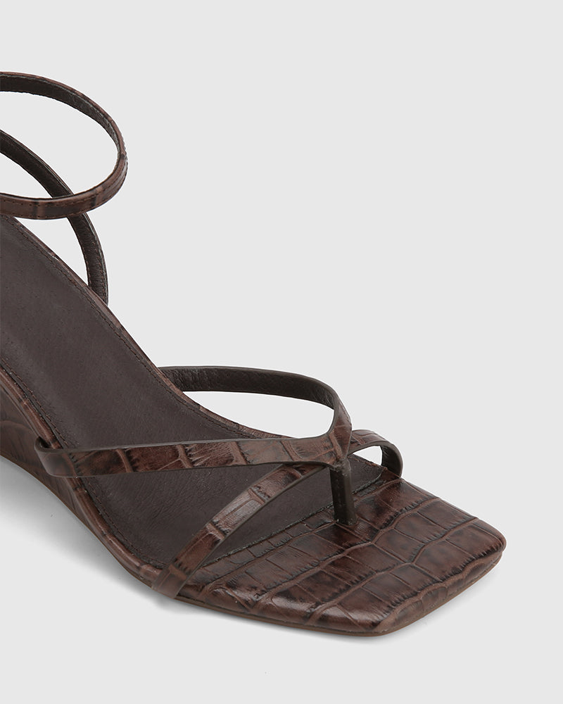 Nyla Espresso Croc Embossed Leather Wedge