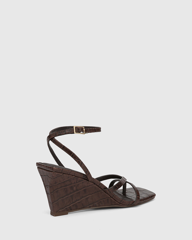 Nyla Espresso Croc Embossed Leather Wedge