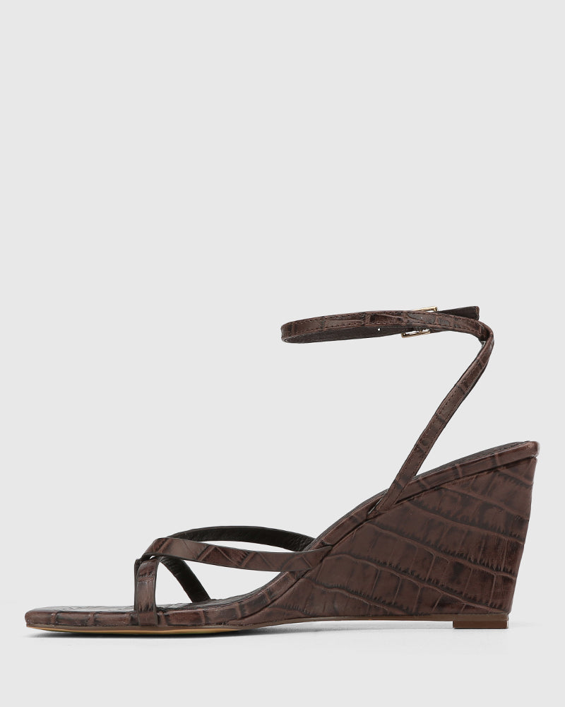 Nyla Espresso Croc Embossed Leather Wedge