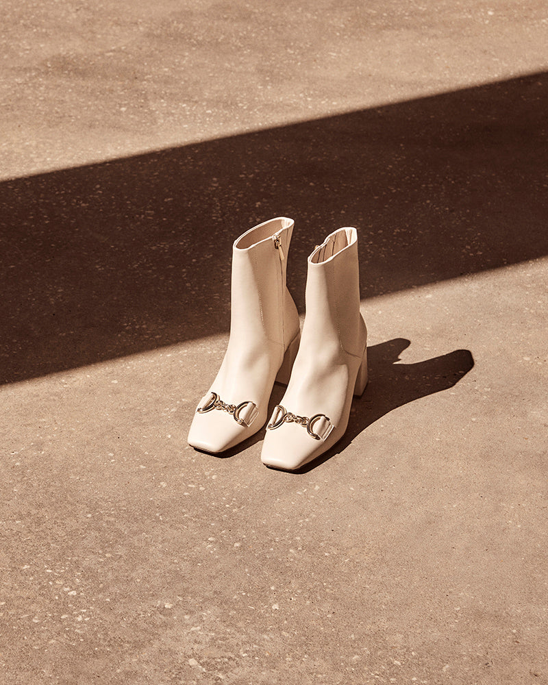 Naomi Vintage Ivory Leather Block Heel Ankle Boot