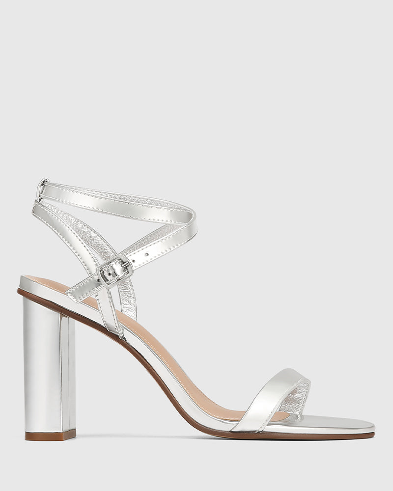 Raven Silver Mirror Patent Block Heel Sandal