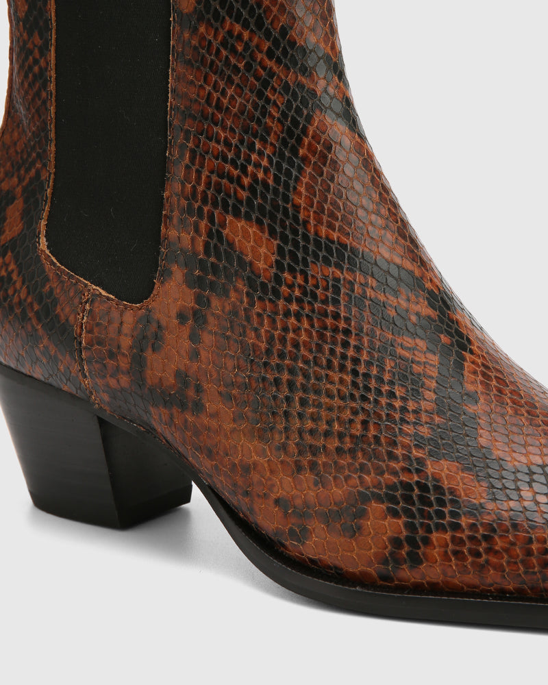 Ryde Havana Tan Python Print Leather Ankle Boot