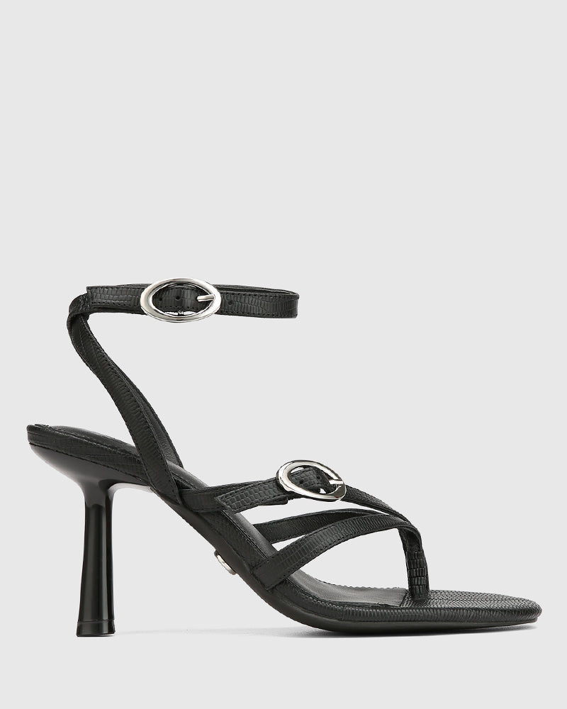 Utari Black Reptile Embossed Leather Strappy Heel