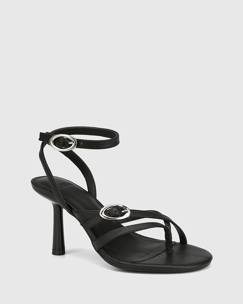 Utari Black Reptile Embossed Leather Strappy Heel