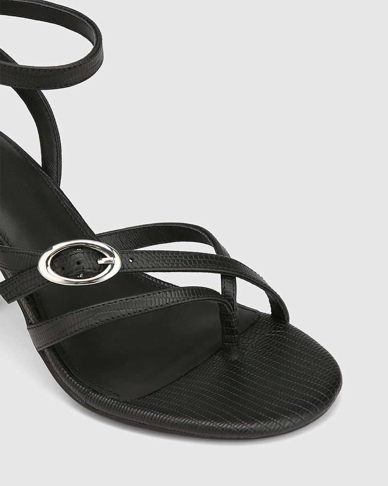 Utari Black Reptile Embossed Leather Strappy Heel