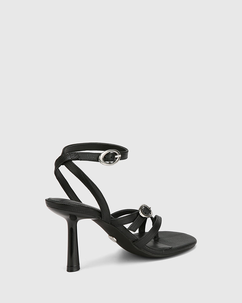 Utari Black Reptile Embossed Leather Strappy Heel