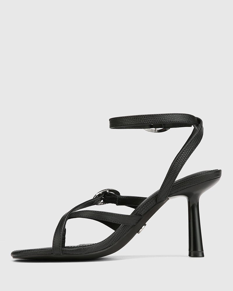 Utari Black Reptile Embossed Leather Strappy Heel