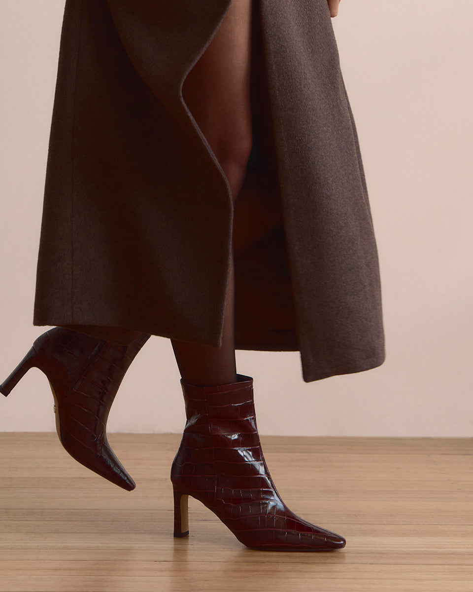 Nina Raisin Croc Embossed Leather Ankle Boot