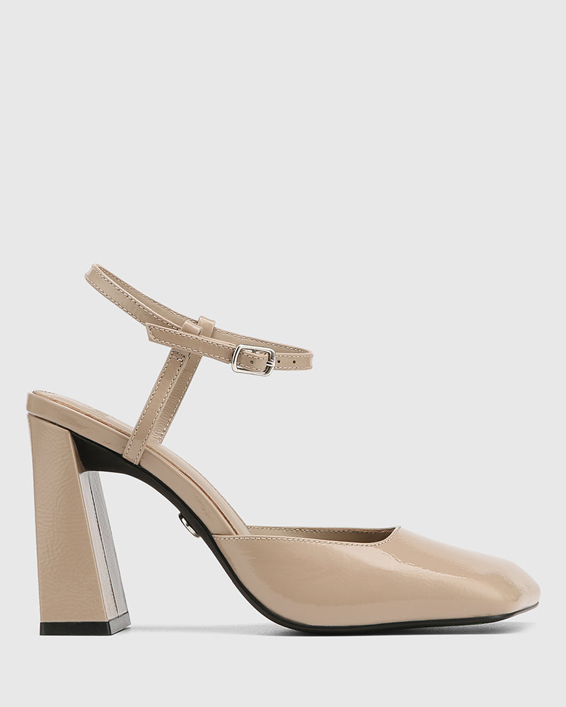 Youki Misty Grey Crinkle Patent Leather Block Heel