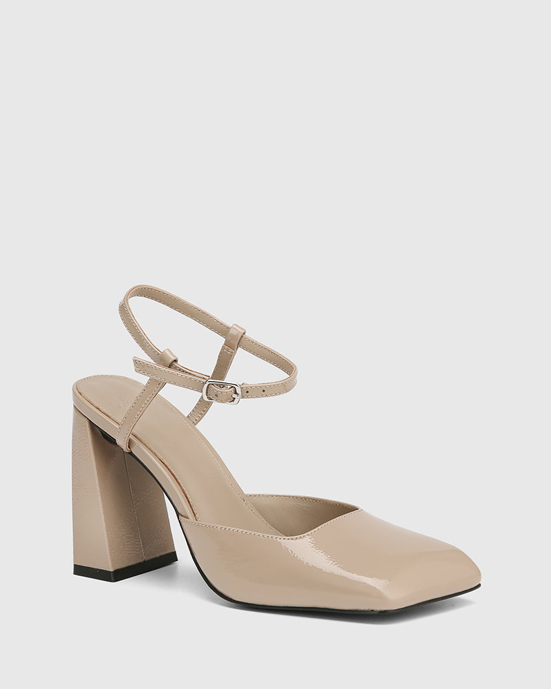 Youki Misty Grey Crinkle Patent Leather Block Heel