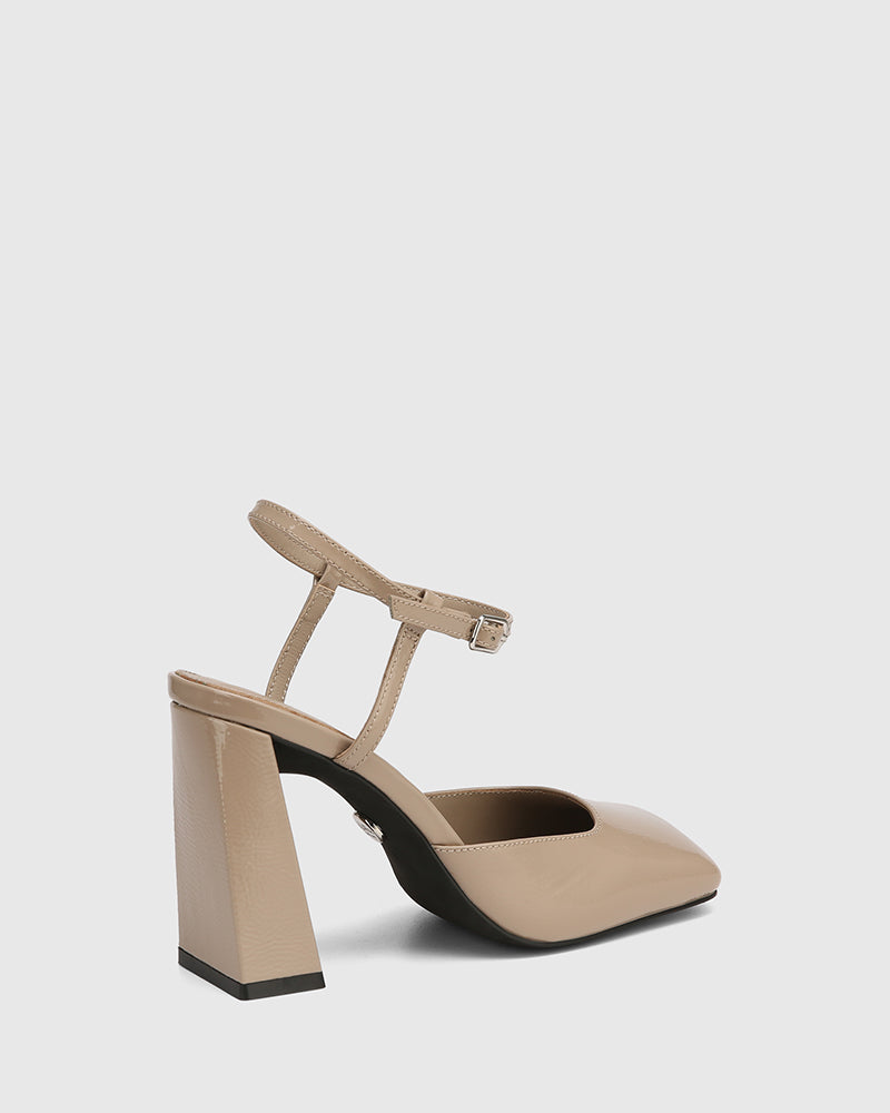 Youki Misty Grey Crinkle Patent Leather Block Heel