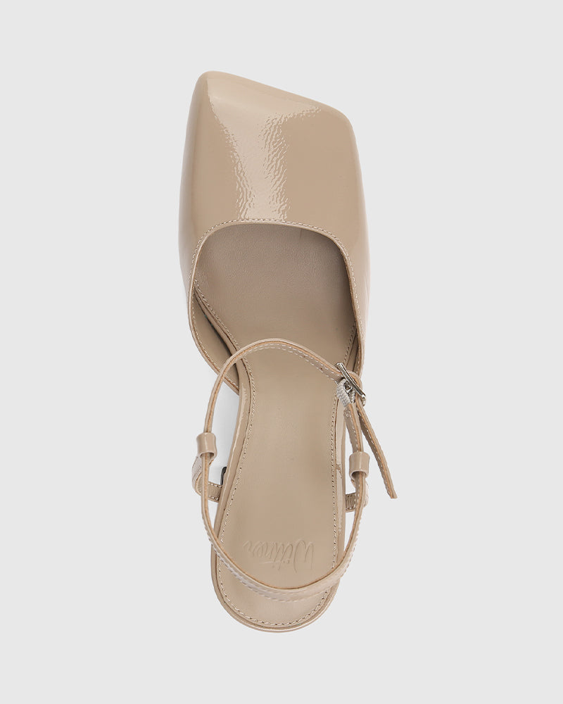 Youki Misty Grey Crinkle Patent Leather Block Heel