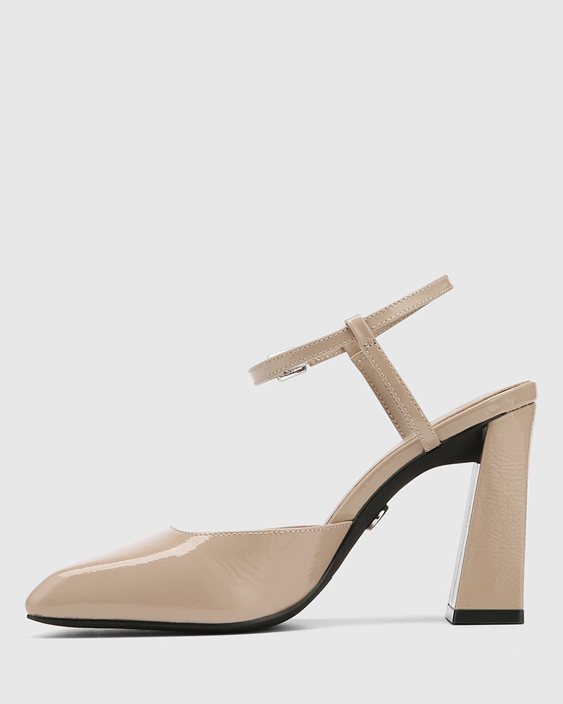 Youki Misty Grey Crinkle Patent Leather Block Heel